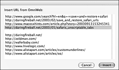 Insert URL from OmniWeb dialog box Screenshot: Insert URL from OmniWeb dialog box